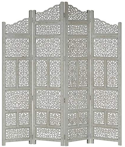 Tidyard 4-TLG.Raumteiler Paravent Trennwand Sichtschutz 160 x 165 cm Mit handgeschnitzten Mustern,MDF und massives Mangoholz mit Grauer Oberfl?Che