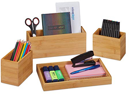 Relaxdays Schreibtisch Organizer, 4er Set, Stiftehalter, Bambus Ablage, Stifteschale, für Büro Utensilien, Briefe, Natur