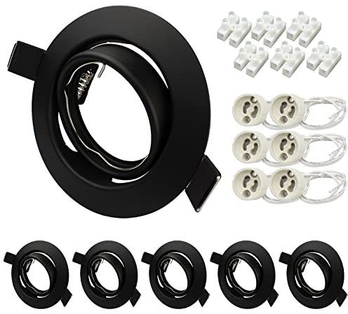 Wondlumi 6X Recessed GU10 Light Fittings for Ceiling Round Black Metal Frame for Spot Lights 30° Tilt Adjustable Downlights with GU10 Lamp Holder, No Bulbs
