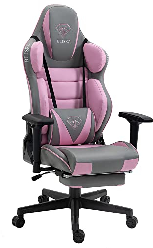 TRISENS Gaming Stuhl mit Fußstütze und ergonomsichen 4D-Armlehnen Gaming Chair in ergonomischer Sportsitz Optik Gamer Stuhl mit verstellbaren Rückenstützkissen Bürostuhl, Farbe:Hellgrau/Rosa
