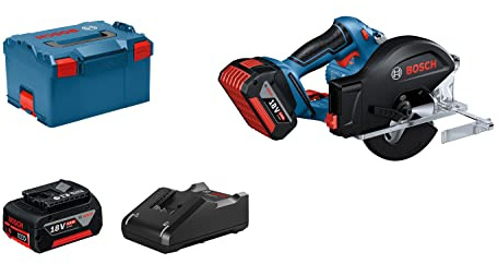Bosch Professional 18V System scie circulaire sans-fil GKM 18V-50 (progression de travail rapide, moins d’étincelles et de copeaux, 2 batteries 5.0Ah, chargeur rapide GAL 18V-40, 1 lame, L-BOXX)