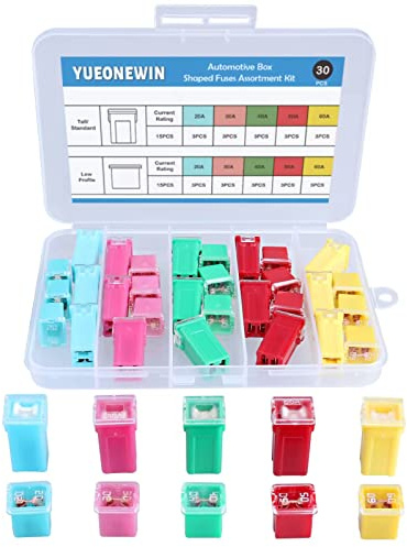 30pcs Jcase Car Fuse Assortment Kit, Tall/STD and Low Profile Jcase Box Shaped Fuses Assortment Kit for Ford, Chevy/GM, Nissan, and Toyota Pickup Trucks, Cars and SUVs （20A, 30A, 40A, 50A, 60AMP）