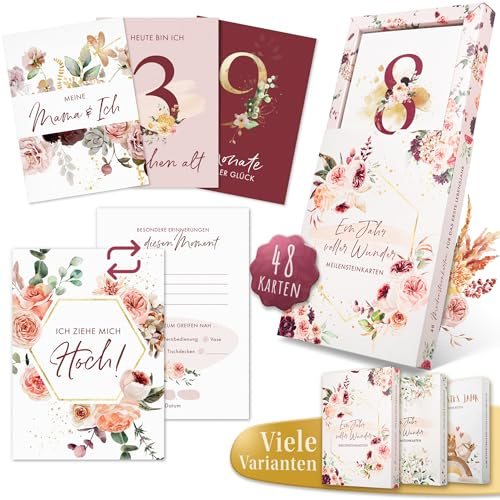 EULENTALER® Meilensteinkarten Baby I Von Pädagogen gestaltet I Meilensteinkarte Set als Geschenk zur Geburt I 48 Karten Inkl. Geschenkbox für Mädchen I Mein erstes Jahr mit allen Meilensteinen