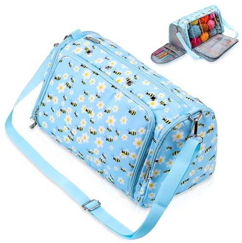 JOZEA Stricken Tasche Garn Tasche für Häkeln, Garn Tote Storage Organizer Portable einzelne Fächer für den Transport von unvollendeten Projekt (Honeybee)