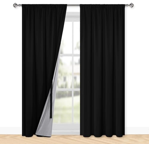 XWZO 100% Blickdichte Vorhänge Wohnzimmer, Vorhänge mit Kräuselband, Gardinen Schlafzimmer, Doppellagige Dicke Verdunklungsvorhänge Thermovorhang Kälteschutz, 245x140 cm(HxB) Schwarz 2er Set