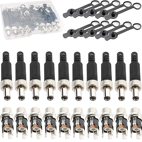 RUNCCI-YUN 10 Sätze Hohlstecker 5,5 X 2,1mm,Dc-Stecker 2,1 X 5,5 Mm Lötanschluss, Dc Power Niedervolt Steckverbinder 5,5 X 2,1 Mm Panel Mount Stecker Mit Wasserdichter Kappe