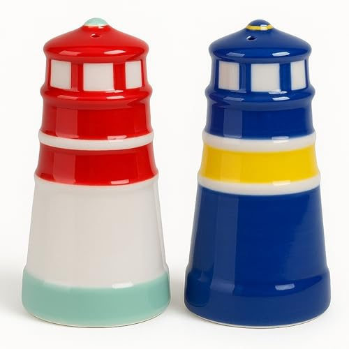 MIJOMA Juego de salero y pimentero - Elegante diseño de porcelana, apto para alimentos, fácil de llenar, varios diseños divertidos y lindos a elegir (faros, 2 piezas)