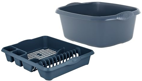 JMS we create smile 2 PIECE KITCHEN SET - LARGE DISH DRAINER & RECTANGLE WASHING UP BOWL 39 CM PLASTIC MIXING BASIN (Navy)
