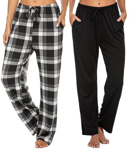 Ekouaer 2-pack dampyjamasbyxor casual dambyxor mjuka loungebyxor rutig sömn pyjamasbyxor med ficka, GP9, L