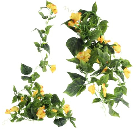 TEHAUX 2pcs Yellow Artificial Vine Morning Glory Fake Ivy Garland Wall Fence Plant Christmas Tree Garland Christmas Decoration Faux Greenery Household Wildflowers