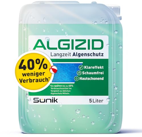 Sunik® Algizid für Pool 5L - vorbeugendes Pool Algenmittel schaumfrei mit Klareffekt für Algen im Whirlpool & Schwimmbad - Pool Algizid mit hoher Wirkstoffkonzentration - Algenvernichter Pool