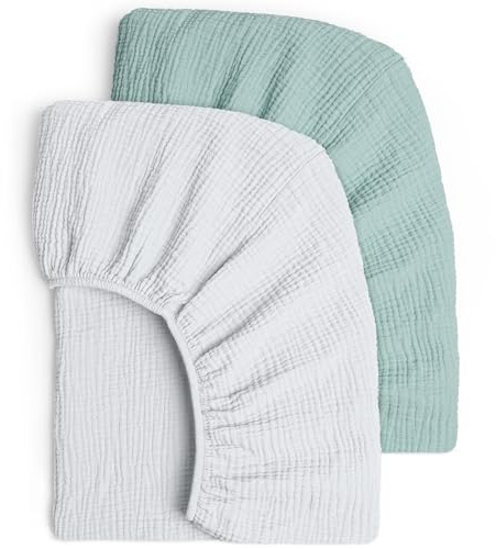 lulumoon 2er Pack Musselin Baby Spannbettlaken 60x120cm / 70x140 cm für Babybett & Reisebett - Weiche Oeko-Tex Baumwolle - Atmungsaktiv - Passend für roba Babybetten (Grau Grün, 70x140cm) | OEKO-TEX zertifiziert - hautfreundlich und atmungsaktiv - Rundum-Gummizug für sicheren Sitz - faltenfrei und verrutscht nicht