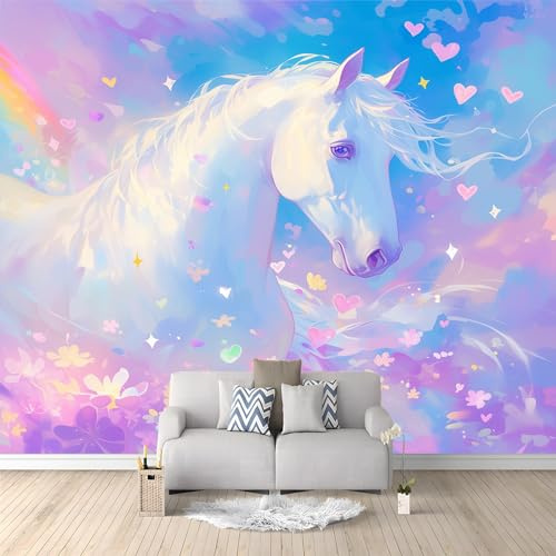 Fototapete Langhaariges weißes Pferd 350 x 256cm Tapete Fototapeten Vlies Tapeten Vliestapete Wandtapete moderne Wand Schlafzimmer Wohnzimmer Büro Sonnenuntergang