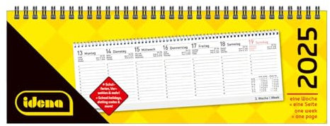 Idena 11159 - Tischkalender 2025 quer im Format 29,8 x 10,5 cm, 1 Woche auf 1 Seite, Schreibtischkalender mit Jahresübersicht und Spiralbindung