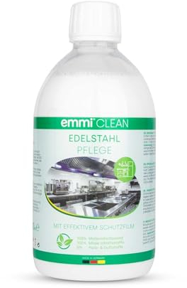 emmi - Clean, detergente per la cura dell'acciaio inox, ideale per posate, piani di lavoro, frigoriferi, cappe, lavelli, barbecue e forno, rimuovere grasso, polvere, bordi dell'acqua, 500 ml