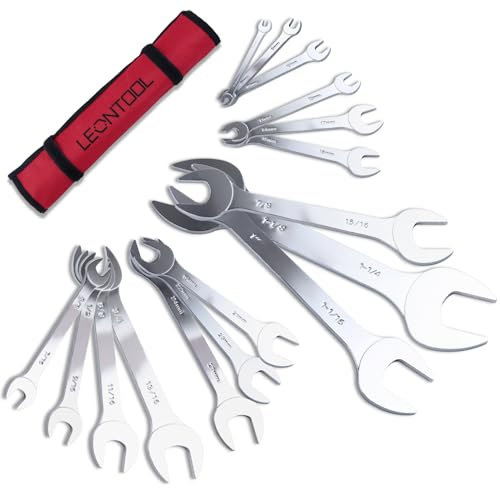 LEONTOOL 16-Piece Super-Thin Open End Wrench Set SAE & Metric 3/8 to 1-1/4 and 5.5mm to 27mm Slim Spanner Wrench Set CR-V Steel Double Open End Wrench Set Bike Wrench Set with Rolling Pouch