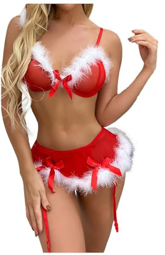 Lingerie de Noël Femme Sexy, Nuisette Femme en V Profond Babydoll Noël Mère avec Noeud Déguisement Christmas Adulte Mini Nuit Charmant Pas Cher Anniversaire Cadeau Cocktail Soirée Noël Lingeries