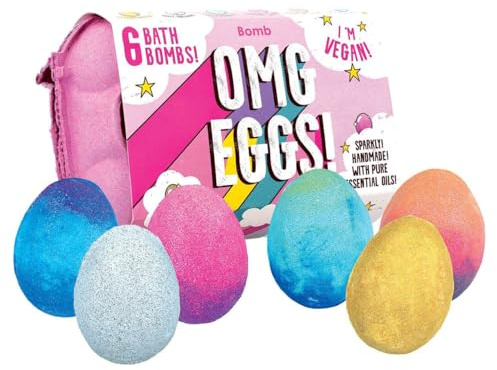 Bomb Cosmetics OMG Eggs Badebomben Geschenkset mit 6 Badekugeln, eiförmig, hergestellt mit reinen ätherischen Ölen & Glitzer, tropische und fruchtige Düfte