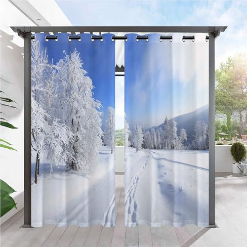 ANHOPE Winter Natur Schnee Baum Berg Outdoor Vorhänge mit Ösen Wasserdicht Wetterfest Außen Vorhang für Balkon Terrasse Garten Pergola Pavillon Aussen Gardinen 2er Set H275 x B132 cm