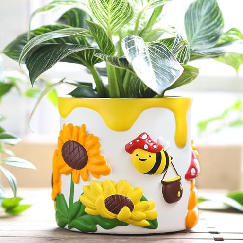 AmiCera Bunte Biene Sonnenblume Pflanztöpfe, Niedliche Pflanzentopf mit Drainage, Kleine Pilze Sukkulenten Blumentopf für Zimmerpflanzen, Eklektische Gartenarbeit Geschenke für Pflanzenliebhaber, Weiß