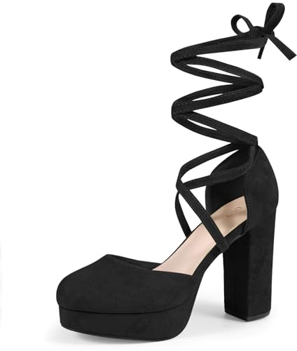 Perphy Women Faux Suede Strappy Lace Up Chunky Heel Platform Pumps | ABS outsole. 4.3-inch heel height. 1.2-inch platform. Black and yellow options. Chunky heel adds stability