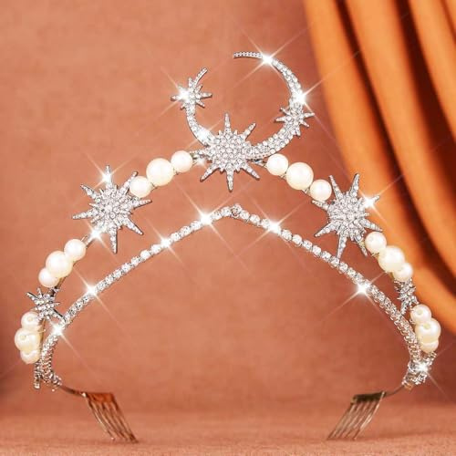 Reaky Stern-Stirnband, goldfarbener Mond, Kopfschmuck, Perlen-Stirnband, Strass, Braut, Hochzeit, Haarschmuck für Damen (Silber, Einheitsgröße)