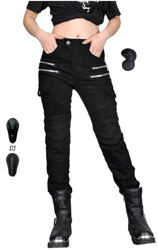 oFzimTo Pantaloni Moto Donna con Protezioni, Jeans Moto Donna (Nero,L)
