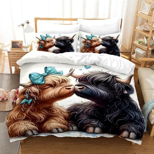 KXHHYB Housse de couette pour lit double vache Highland 220 x 240 cm avec impression 3D en microfibre avec fermeture éclair avec taie d'oreiller, 220 x 240 cm