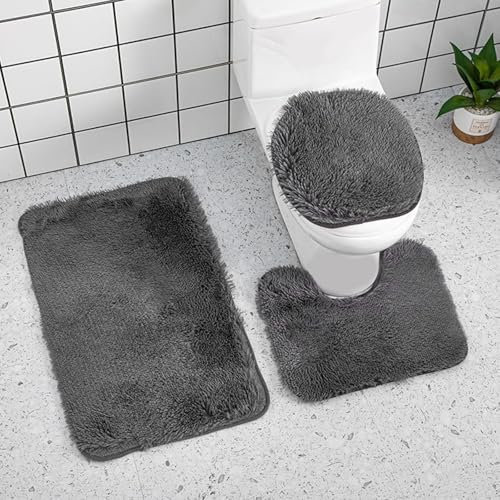 Juego de alfombras de baño de 3 piezas, incluye alfombrilla de baño, alfombrilla de contorno, cubierta de tapa de inodoro, microfibra ultrasuave, respaldo de PVC antideslizante, absorbente de agua,