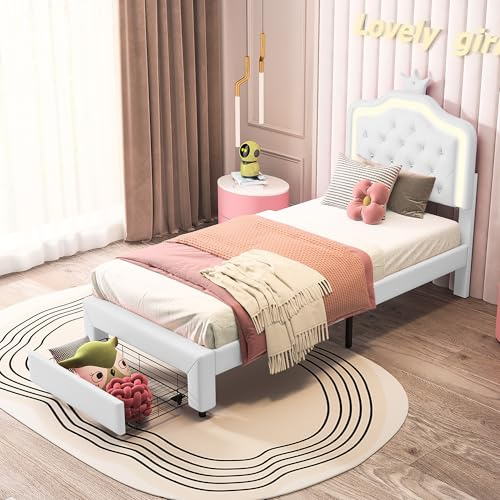 Henunem Polsterbett Einzelbett 90x200 cm für Kinder, Mädchenbett mit LED Beleuchtung & App-Steuerung, Kinderbett im Krone-Design, Höhenverstellbares Kopfteil, PU Weiß,Ohne Matratze