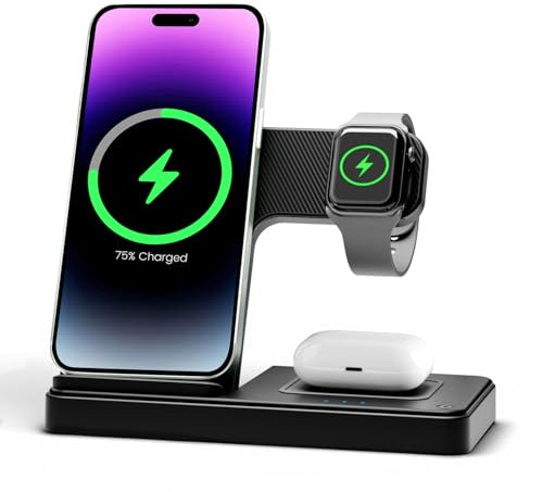 Caricatore Wireless Compatto per iPhone 3in1: Stazione di Ricarica per iPhone 16e 16 15 14 13 12 Pro Max per Apple Watch S10-2 SE Ultra per AirPods 4 3 2 Pro, Dock Station Scrivania Comodino Viaggio