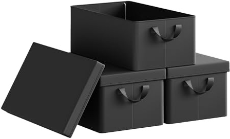 WOLTU Aufbewahrungsbox mit Deckel 3 Stück, mit Griffen, Schwarz,48x29x20 cm