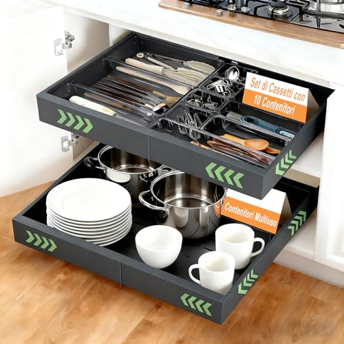 AirOpen Cajón Extraíble para Cocina con 10 Cajas Organizadoras, Bandeja Extraible Armario Cocina de Acero al Carbono, Cajón Telescópico Ultrasilencioso y Sistema de Guías, Anchura Ajustable 32 a 53cm