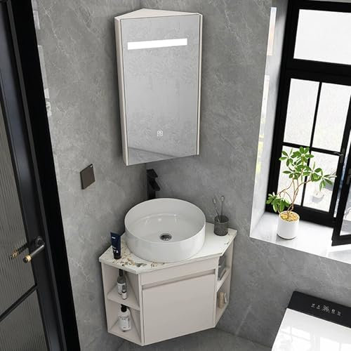 Mobile bagno angolare con armadietto a specchio, lavabo in ceramica montaggio a parete, lavabo galleggiante per soluzioni bagno salvaspazio