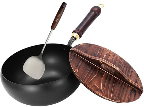 Poêle en fer japonaise, antiadhésive, non revêtue pour la cuisine, woks et poêles à frire antiadhésive, forgée à la main avec couvercle en bois (casserole lisse + couvercle en bois)