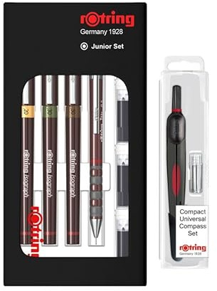 rOtring Isograph Junior Set 3 x technische Stifte | 0,20 mm, 0,30 mm, 0,50 mm Fineliner + Zubehör mit kompaktem Universalkompass