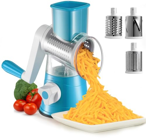 Trintion Rotary Vegetable Shredder 3 in 1 Rotary Cheese Grater Round Vegetable Mandoline Blades Handheld Fruit Vegetable Slicer Shredder for Fruit Nut and Vegetable Grate (Green)