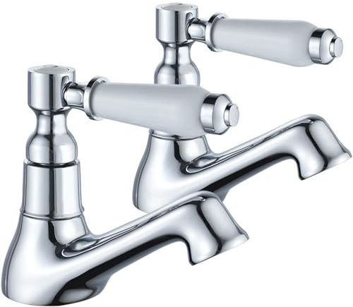 Basin Pillar Taps Pair Mixers Victorian Traditional Twin Bathroom Sink Faucet White Ceramic Lever Two Cloakroom Tap 2 Holes Mono Hot and Cold Water G1/2 Chrome
