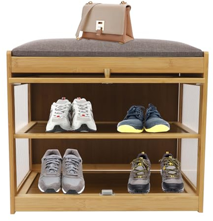 soudesileim Panca per scarpe a 2 ripiani con vano portaoggetti, porta magnetica e maniglia, porta dell'armadio trasparente, design a penna, rettangolare, con seduta (50 cm, colore log