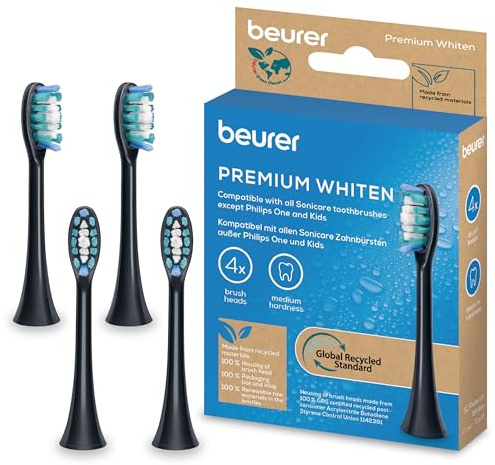 Beurer SC Premium Whiten Testine di Ricambio per Spazzolino Elettrico, 4 Pezzi, Compatibili con Philips Sonicare (escl. One & Kids), Durezza Media, Setole Indicatrici, Rimozione del Tartaro