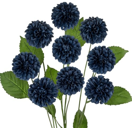 Hollyone 27.6 Navy Blue Artificial Dahlia Flowers 3Pcs Fake Roses Bouquet Ball Dahlia Flower Arrangement Faux Pincushion Flower with 3 Heads Long Stem for Centerpiece Home Decor