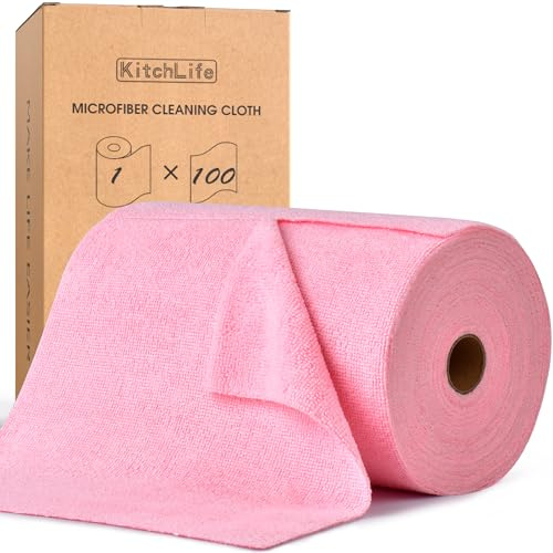 KitchLife Mikrofaser Reinigungstücher, 100 Stück pro Rolle Abreißbare Putztücher, Wiederverwendbare Fusselfreie Lappen für Küche, Haus und Auto, Rosa