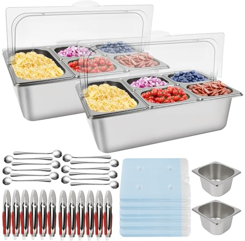 Kalolary 2 pièces Station Garnitures à Pizza, 7 bacs Acier Inoxydable pour Épices Bar Salades Buffet avec Cuillères Boîtes Réfrigérées Récipients pour Sauces Confitures Ingrédients Cuisine Restaurants