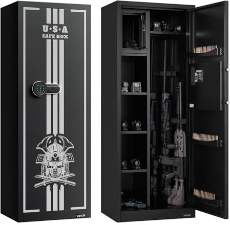 VEVOR Armadio per Armi Lungo per Fucili e Pistole, Cassaforte Ignifuga con 3 Scomparti per Munizioni 2 Ripiani Regolabili, Cassaforte per Armi con Chiave e Serratura a Combinazione
