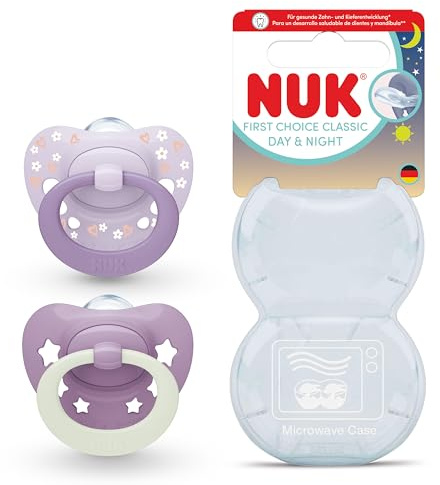 NUK First Choice Classic Day & Night Succhietto per Bambini | 18-36 Mesi | Succhietti Ortodontici che si Illuminano al Buio | Accettati dal 95% dei Bambini** | Viola | Confezione da 2