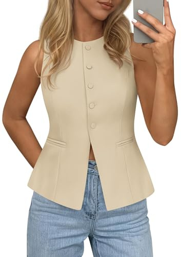 PRETTYGARDEN Womens Vests Top Trendy 2026 Spring Sleeveless Blazer Suit Summer Business Casual Work Button Down Waistcoat (Beige,Medium)