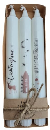 Weihnachtskerzen Set 3er – Stabkerzen mit Sprüchen & Wintermotiven – „Lichterglanz“ – Geschenkidee – 6h Brenndauer – 17,5cm