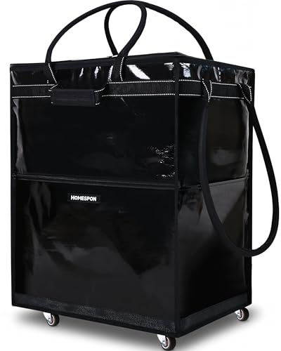 HOMESPON Medium Black Rolling Shopping Bag with Wheels 74L Heavy-Duty Storage Organizer Waterproof & Zipper Closure Trolley Tote with 5 Handles for Travel,Camping,Grocery,Laundry and Daily Use