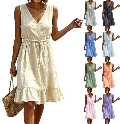 Midi Sundress for Women UK V Neck Sleeveless Cotton Linen Dress Summer Casual Loose Fit Midi Dresses Ladies Comfy Lounge Tank Vest Dress Beach Holiday Elegant Sundress