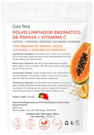 Papaya + C-vitamin – 100 g enzymatiskt ansiktsrengöringspulver | 100 % naturlig ljusskrubb med papayaenzymer, kolloidal havre, kaolin och apelsinskal | 100 % naturlig och vegansk